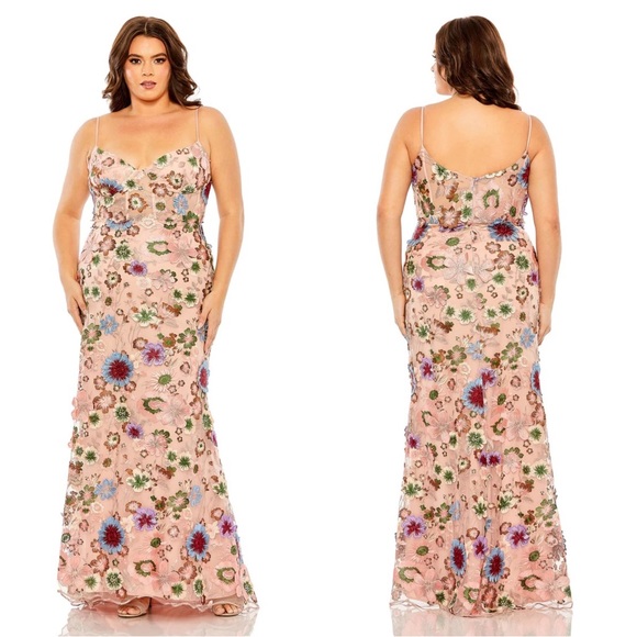 Mac Duggal 68531 Floral Embroidered Corset Mesh Gown Size 14 NWT Pink Multi